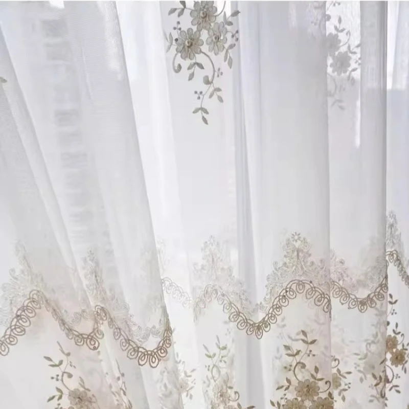 Custom Size European Fashion High-end French Embroidery Luxurious Beige White Tulle Curtains for Living Dining Room Bedroom