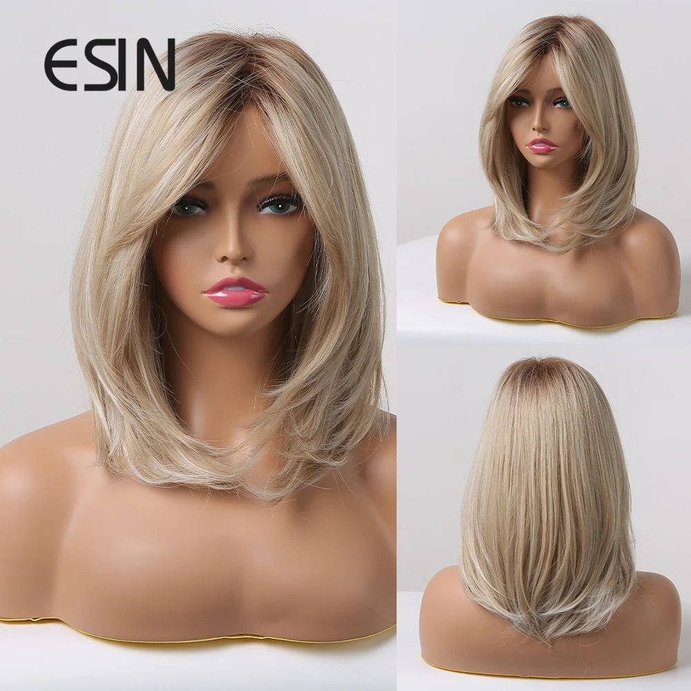 

ESIN Elegant Synthetic Blonde Medium Straight Bob Wig for Women Natural Cosplay Wigs Heat Resistant Fibre