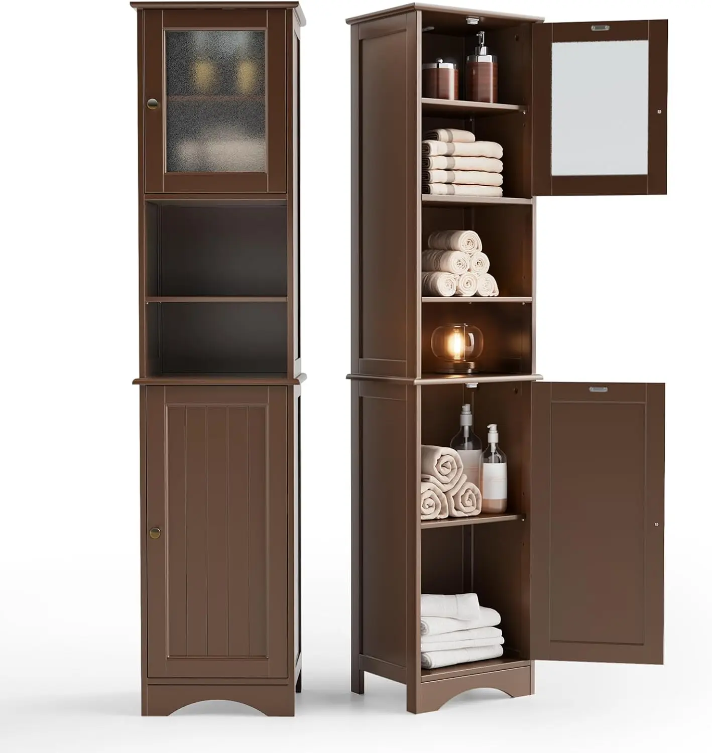 Tall Bathroom Cabinet, Storage Cabinet with Two-Way Doors, Freestanding Linen Tower with Adjustable Shelves