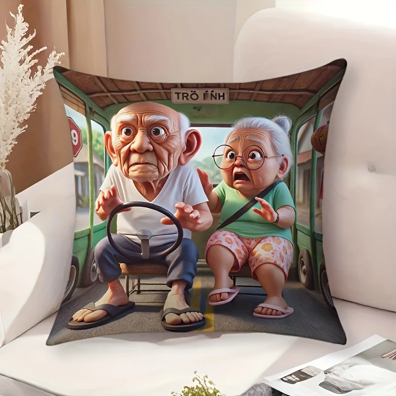 Funny Old Couple Driving Pillow Case, Cute Cartoon Grandpa Grandma Cushion Cover for Sofa Car, Humorous Elderly Home Decor Throw