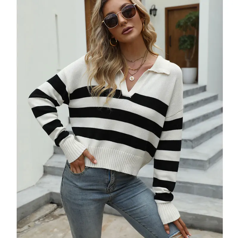 2024 Spring Autumn New Long Sleeve POLO Collar Cotton Knitted Top Women\'s Loose Stripe Contrast Pullover Sweater Women