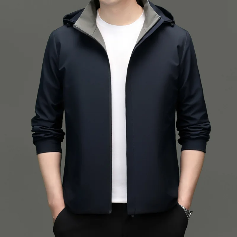 

Повседневная мужская куртка со съемной кепкой, ветрозащитная, против морщин, без железа, Busin Sle, весенне-осенняя одежда, ткань из смеси полиэстера