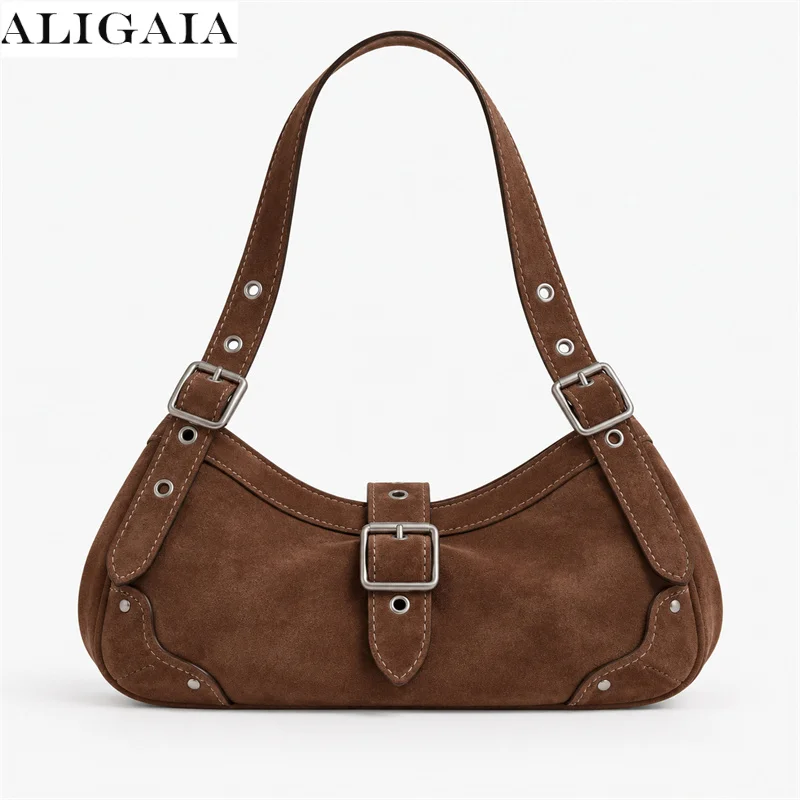 Aligaia Vintage Rivet Faux Suede Motorcycle Tote Bag for Women Fashion Buckle Underarm Handbag Simple Casual Single Shoulder Bag