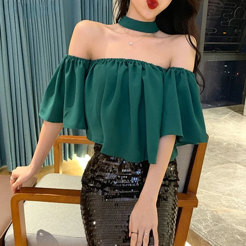 Blouses Women Backless Daily Ladies Summer Colorful Sexy Designer Slash Neck Fashion Leisure Loose Solid Korean Style Elegant