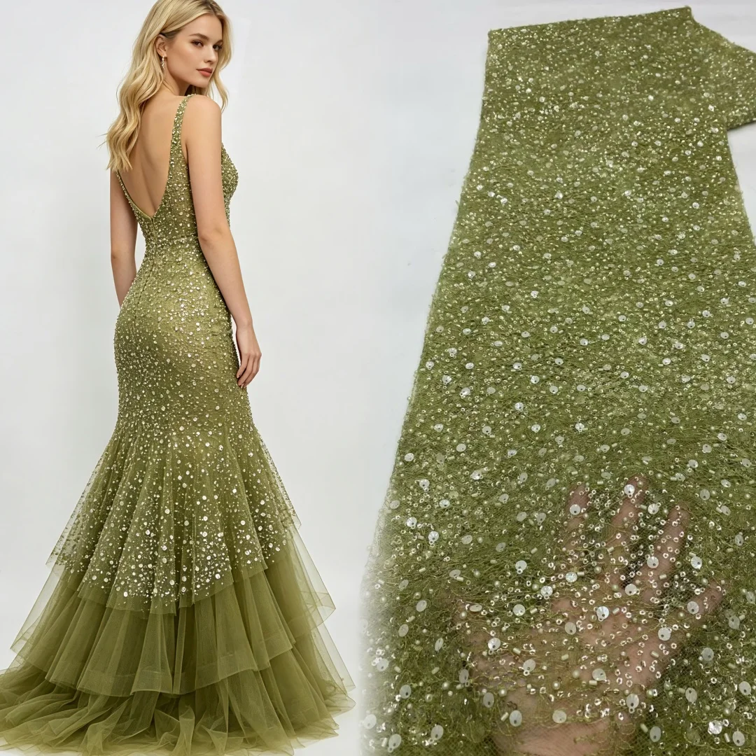 

Luxury African Heavy Bead Lace Fabric 2026 High Quality 5Yards Nigerian Sequins French Tulle Fabric Material For Wedding Party