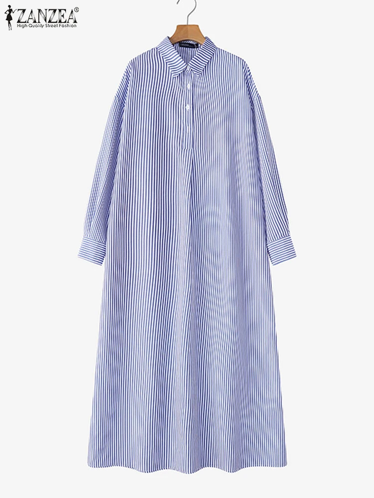 ZANZEA Oversize Fashion Women Striped Long Shirt Dress Autumn Lapel Neck Stylish Holiday Vestido Kaftan Casual Loose Sundress