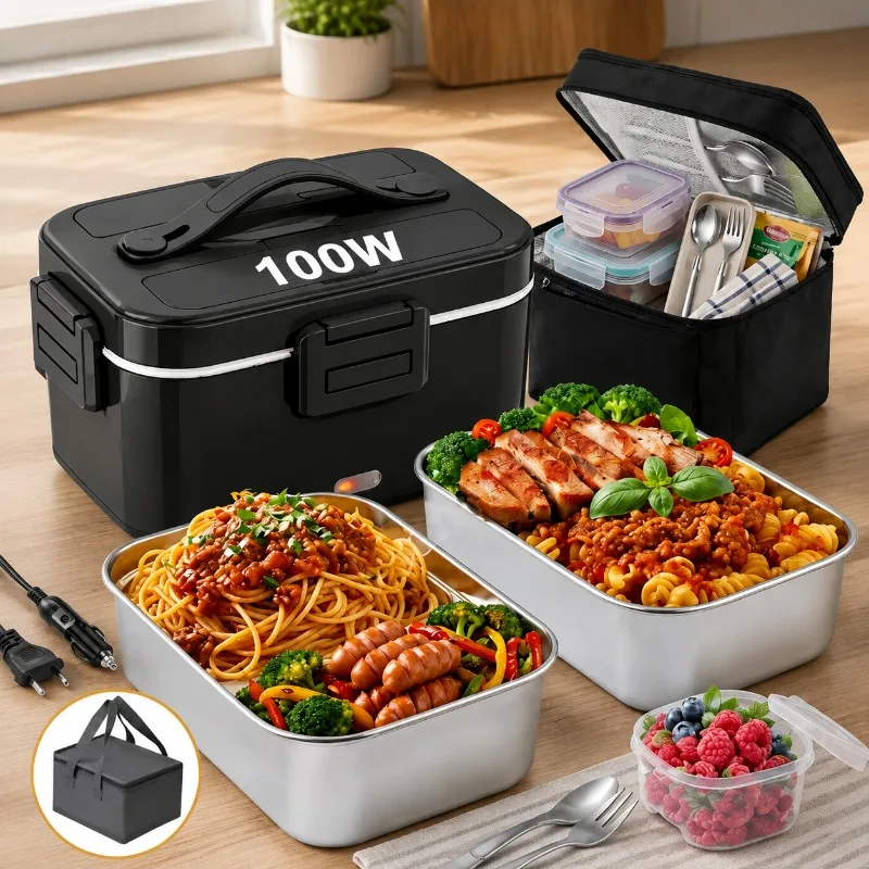 100W Electric Lunch Box, 1.8L Large‑Capacity Self‑Heating Food Warmer with 2 Stainless‑Steel Containers, Portable Heated Lunch Box,12V Car & 110V Home Power Supply for Office, Travel