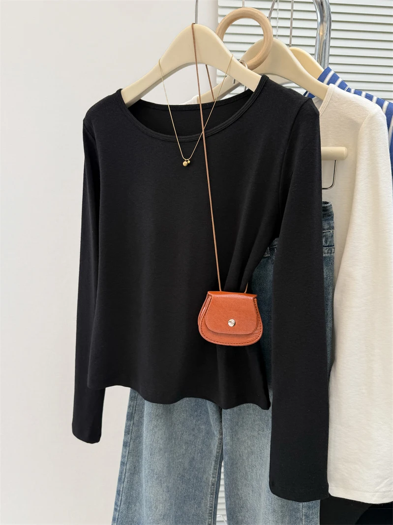 Slim Fit rotondo Ne Long Sve Base irt Sle da donna Primavera Nuovo colore puro Abbigliamento interno Top a tubo dritto coreano alla moda