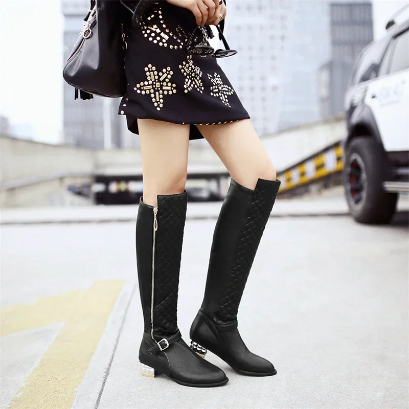 Plus Size Glitter Fur Knee High Boots Women Pointed Toe Silver Gold Low Heels Party Dress Ladies Buckle Zipper Plush Long Boots