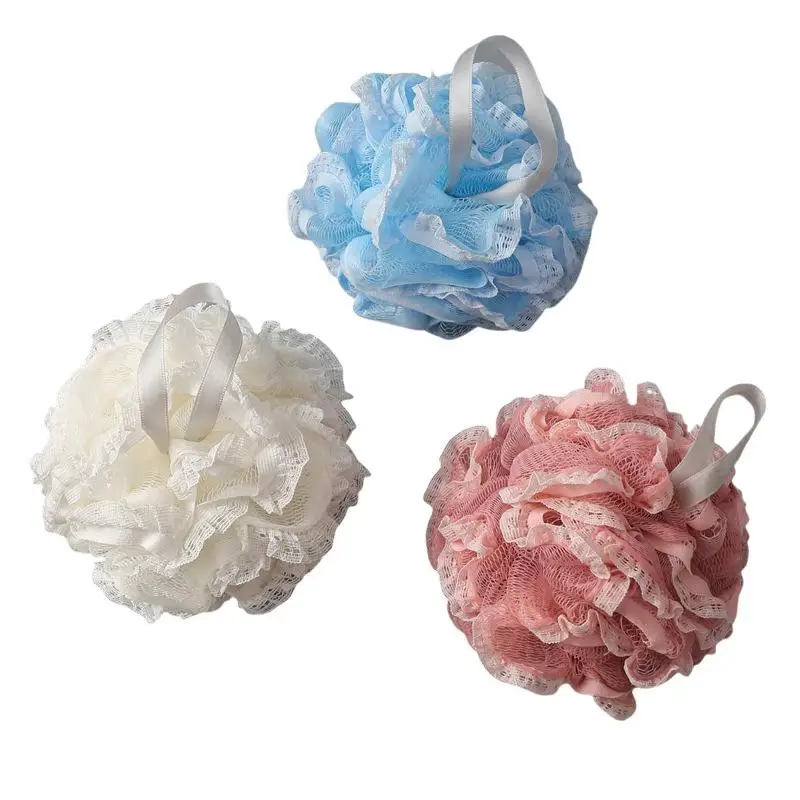 Lace Bath Sponge Ball Soft Rich Foaming Solid Color Shower Loofah With Hanging Rope For Bathroom Shower Daily Body Cleaning Use