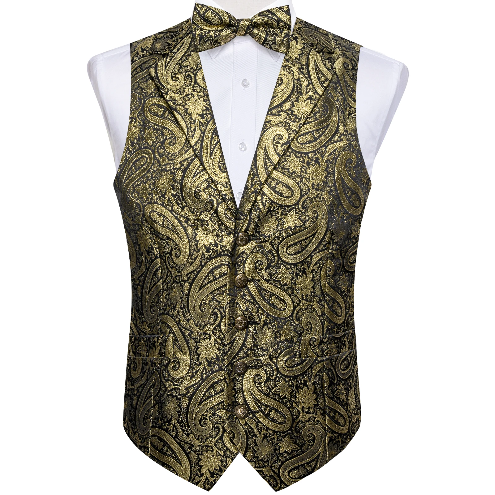 

Men Luxury Paisley Vest Silk Sleeveless Slim Fit Dress Waistcoat Fashion Bow Tie Pocket Square Cufflinks Set Shirt Accessories