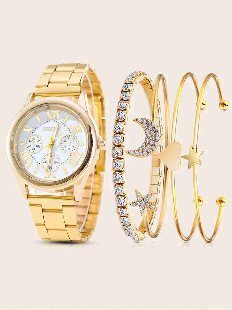 5pcs Fashion Women's Watch Versatile and Simple Gold Steel Band Quartz Watch with Star Moon Diamond Bracelet Set