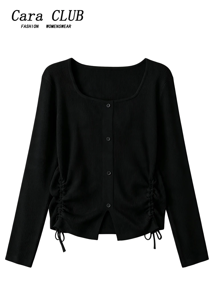 plus Size Women's Long Sleeve Knitted Sweater Drawstring Square Collar Fashionable Autumn Top for Plump Sisters Commute Style