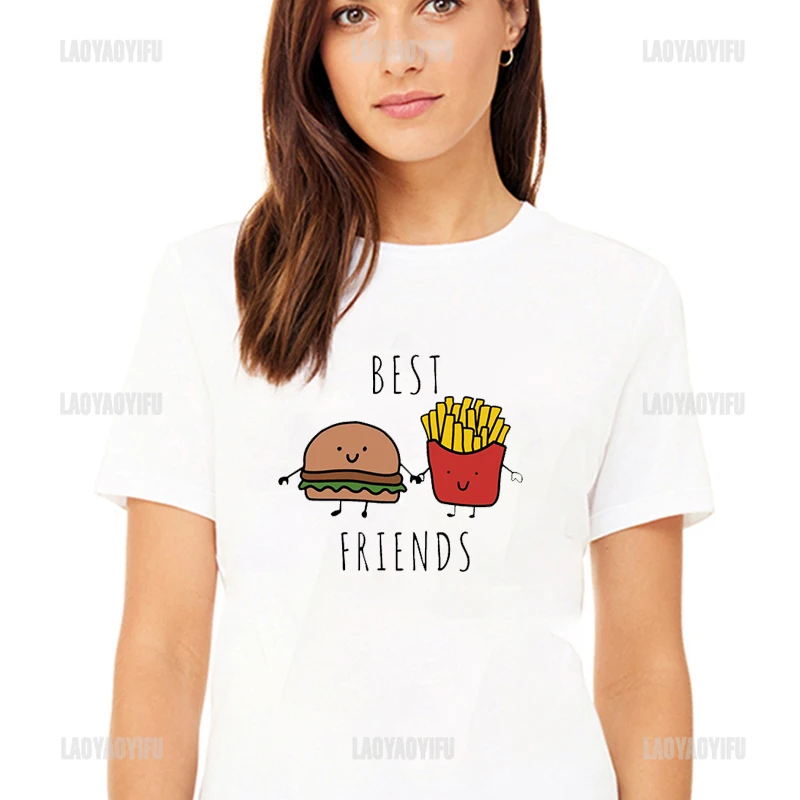 90s Vintage T Shirt Funny French Fries Hamburger Print T Shirts Women Clothes Cute Sister White Tops Best Friends Cotton Tee