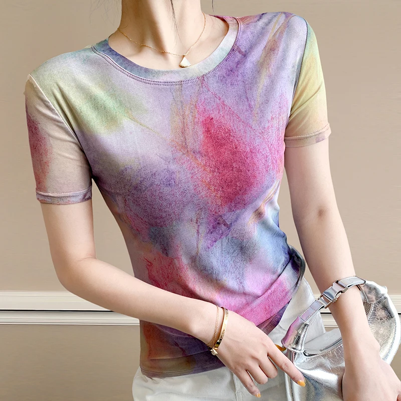 2025 Summer Women's Tie-Dye Sheer Mesh T-Shirt Artistic Print Slim-Fit Chic Blouse Girl Basic Top