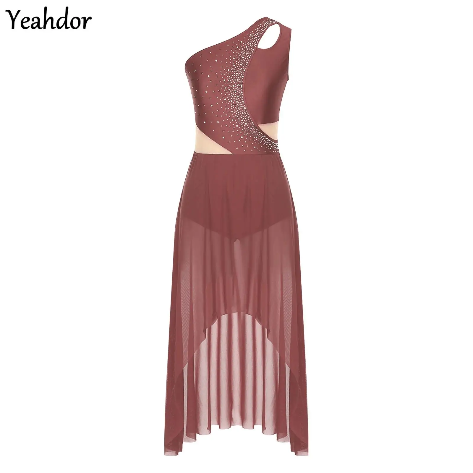 

Women Ballet Lyrical Dance Dress Leotard One Shoulder Sleeveless High-Low Rhinestones Modern Gymnastics Figure Skating Dancewear