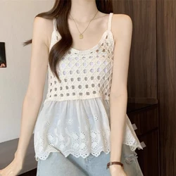 Women Crochet Tank Top with Eyelet Lace Ruffled Trim Sleeveless Sheer Openwork Knit Camis Summer Vacation Boho Beach Outfit