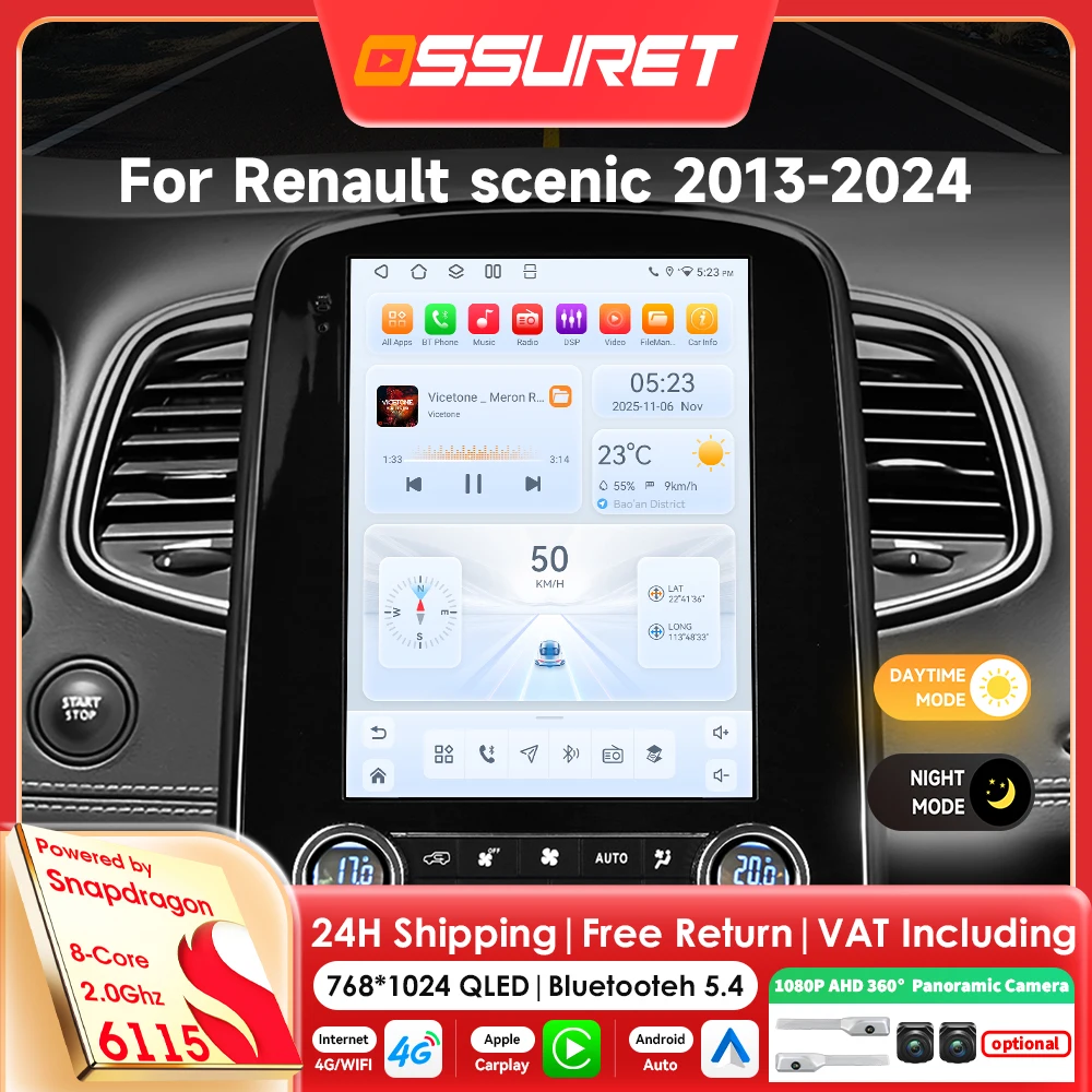 9,7-Zoll Wireless CarPlay Android 14 Autoradio für Renault Scenic 2013-2024 Multimedia-Player mit Snapdragon 8-Kern-Prozessor, GPS und 360-Grad-Kamera-Bildschirm