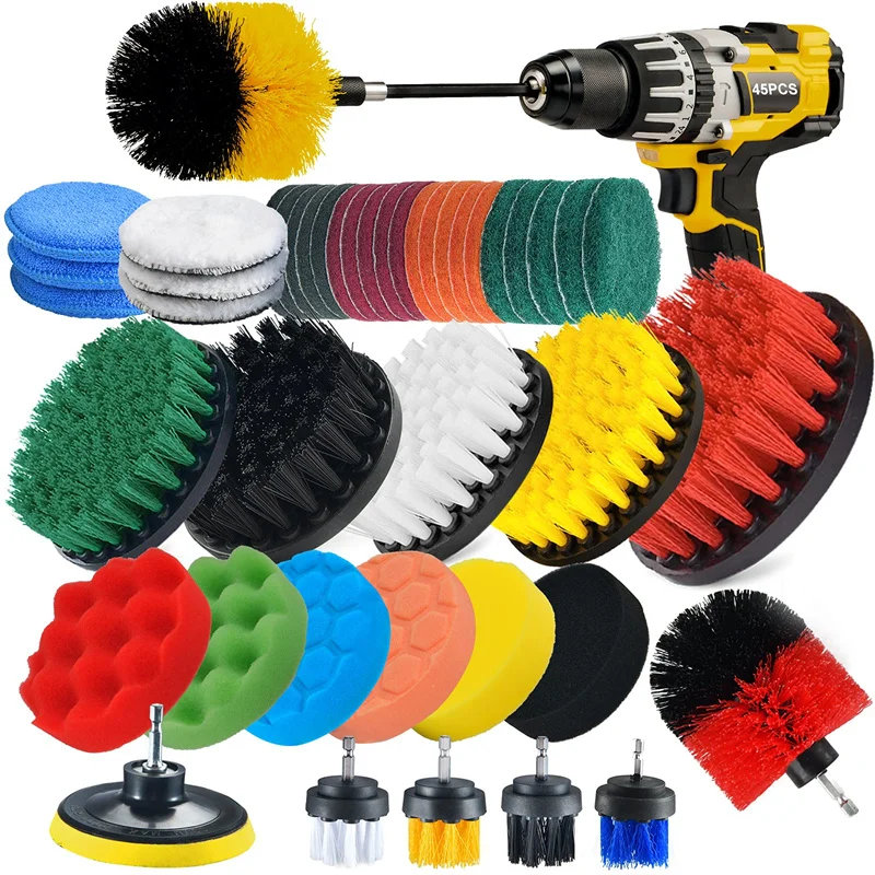 

45pcs Drill Brush Set All Purpose Power Clean Scrubber Brush Scrub Pads Sponge Extend Long Attachment for Bathroom Kitchen Tile