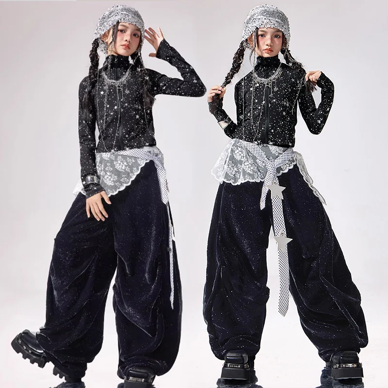 

Детский костюм для джазового танца для девочек, одежда для выступлений Kpop, блестящие топы, черные брюки, школьный танцевальный костюм для сцены, уличная одежда 3099