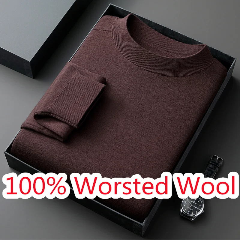 

100% Worsted Wool Top Men's Autumn Winter Classic Solid Basic Sweater High Grade Sheep Wool Long Sleeve Clothes Pullovers