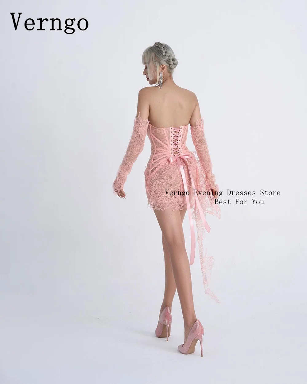 Verngo-vestido de fiesta corto de encaje rosa para mujer, sin tirantes drapeado vestido de fiesta, vestido elegante de una línea para ocasiones formales, vestido de Graduación