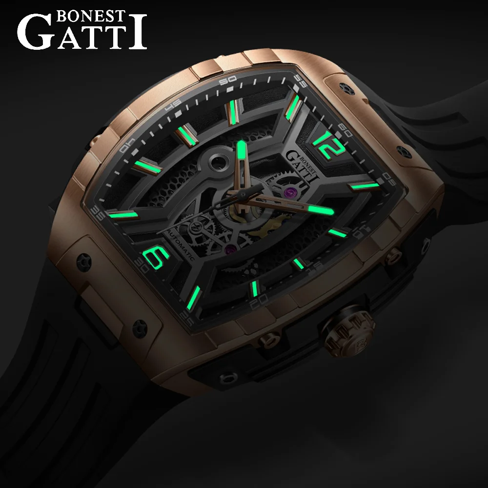 BONEST GATTI Men's Tonneau Auto Mechanical Watch Luxury Sapphire Crystal Silicone Strap 5ATM German Crafted Crafted BG-5601