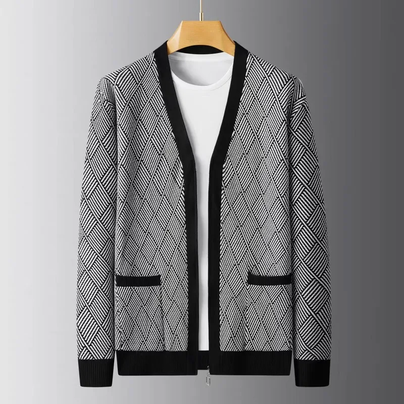 Personality diamond grid jacquard knitted men's cardigan high-quality luxury soft comfort new fashion zipper V-neck sweater coat