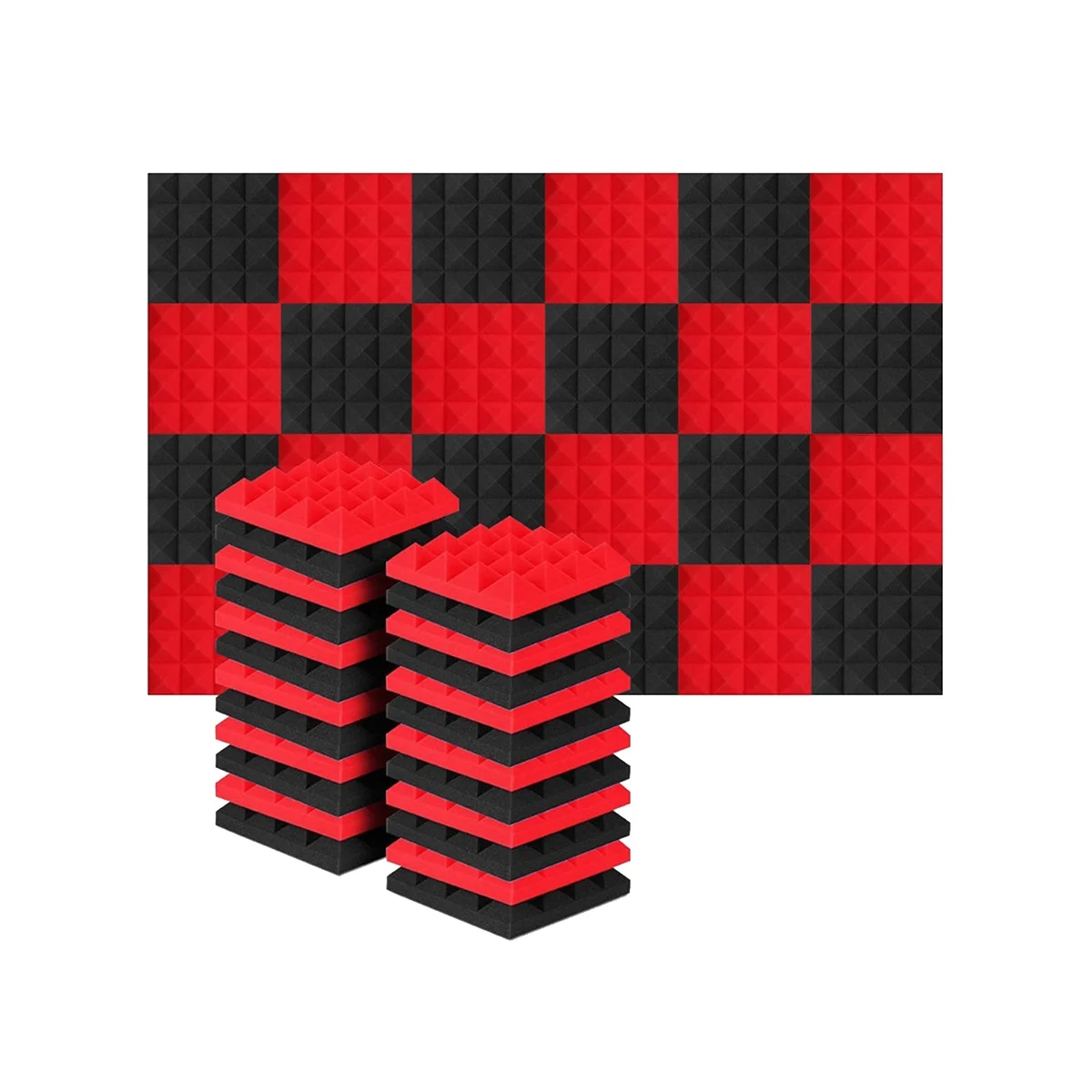 24Pcs 25X25X5Cm Studio Acoustic Soundproof Foam Pyramid Noise Insulation Sound Absorption Treatment Panels Black+Red