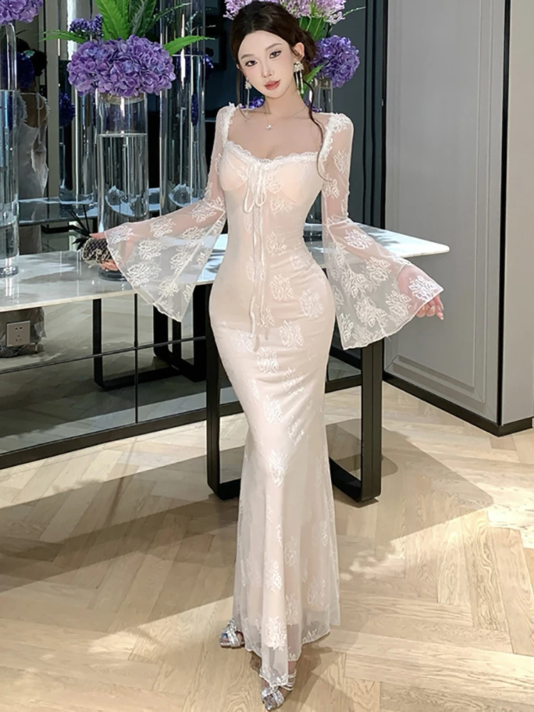 المرأة الأحمر الدانتيل الجاكار ساحة طوق مضيئة كم فستان طويل 2025 فستان فاخر أنيق ثوب الخريف الشتاء الكورية Bodycon فستان