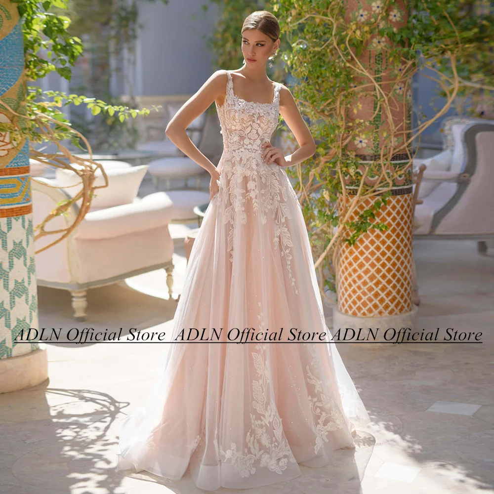 

Sexy Brush Pink Wedding Dress Vestido De Noiva Square Neck Sleeveless Beading Applique Sweep Train Backless Illusion Bridal Gown