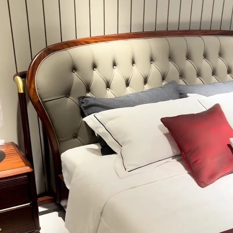 

New Chinese-style solid wood bed leather backrest double bed, large and small apartment bedroom superior wedding room double bed