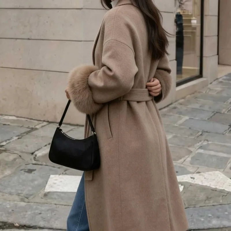Women Black Long Wrap Wool Coat, Belted Lapel Bathrobe Style Overcoat With Removable Faux Fur Cuffs, Winter Elegant Outerwear