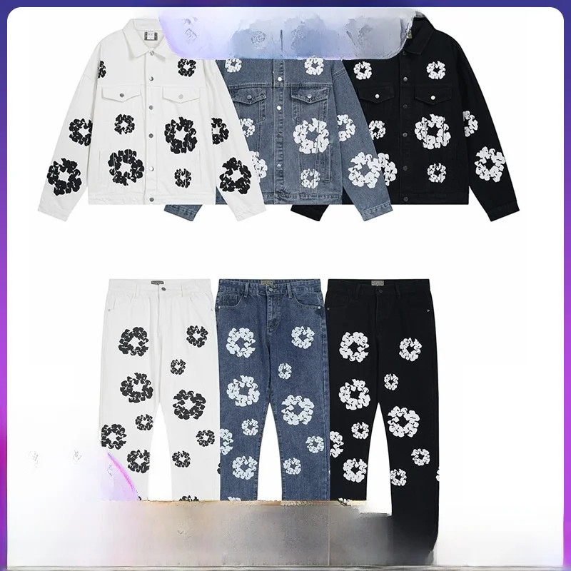 

Комплект джинсовой ткани с талией и брюками из хлопчатобумажной смеси, длинная молния све, украшенная уличным деревянным цветочным принтом