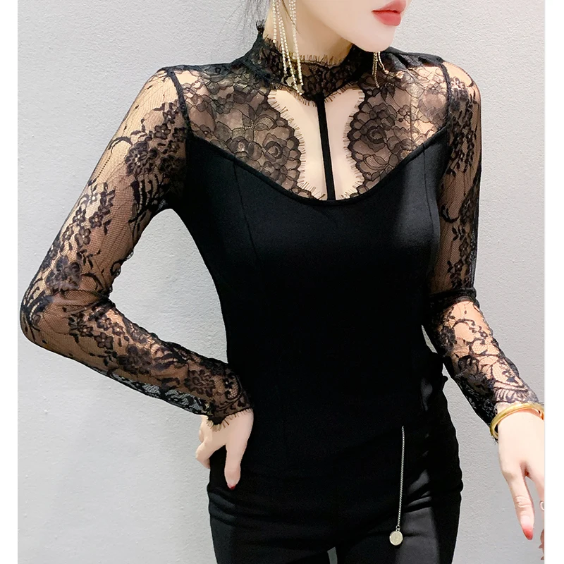 2024 Winter Clothes Patchwork top Thin Velvet Warm T-shirt Sexy Hollow out Lace Tops New Long Sleeved Women Shirt