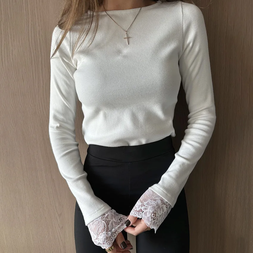 المرأة لطيف الحد الأدنى قميص أبيض عمودي مضلع بسط متماسكة طاقم الرقبة طويلة الأكمام الدانتيل الكفة مكتب عادية