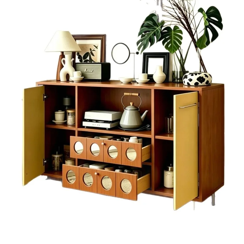 Medieval Bauhaus solid wood dining side cabinet light luxury high-end wall integrated locker living room color matching tea