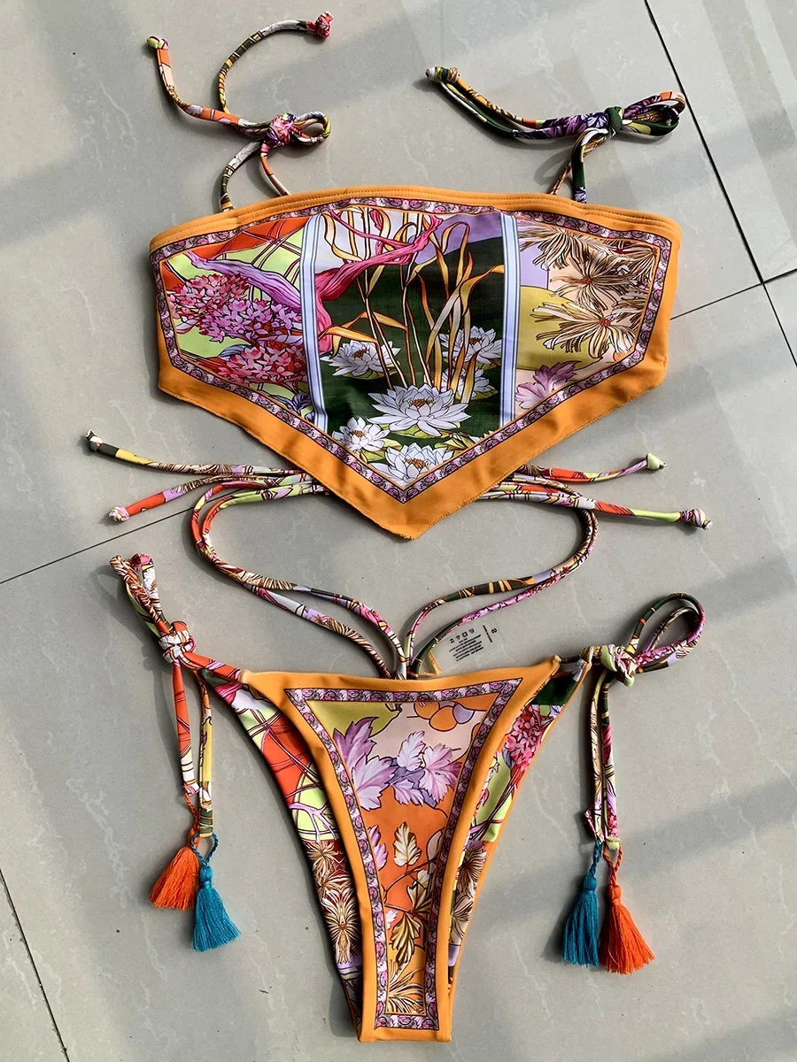 Gedrukt Crop Top Bikini Vrouwen Bandeau Bikini's 2025 Badmode Vrouwelijk Badpak Tweedelige Bikini Set Badpak Zwemmen Strandkleding