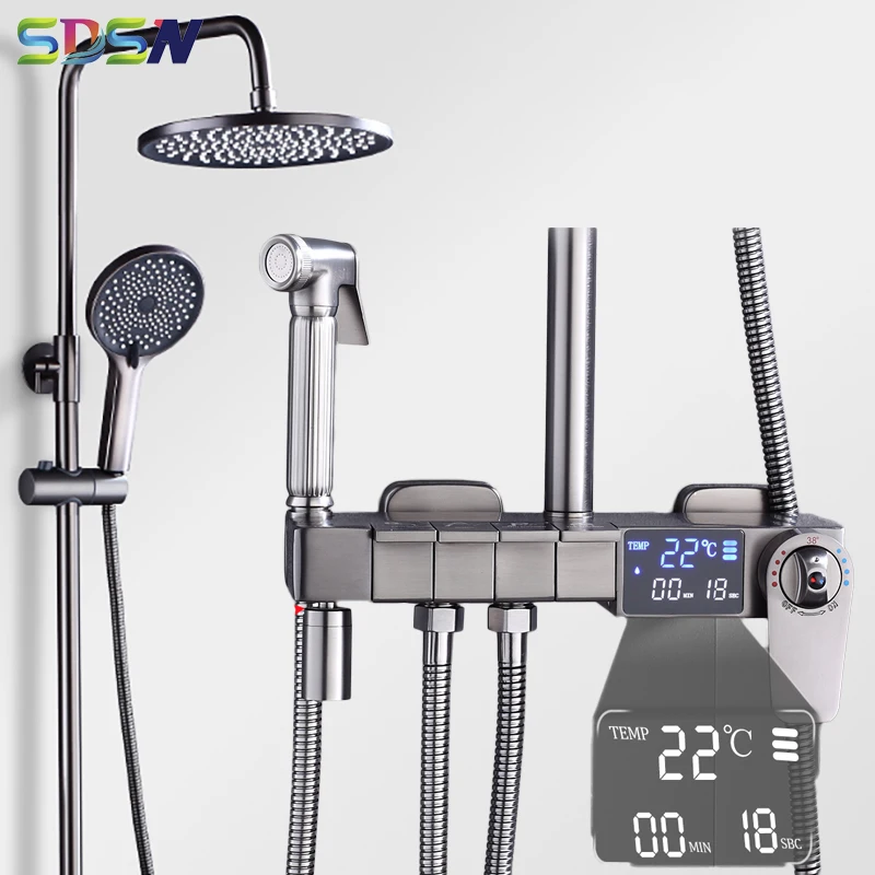 

Round Piano Digital Shower Set Quality Brass Hot Cold Bathroom Faucets Rainfall Shower Head Grey Thermostatic Shower System