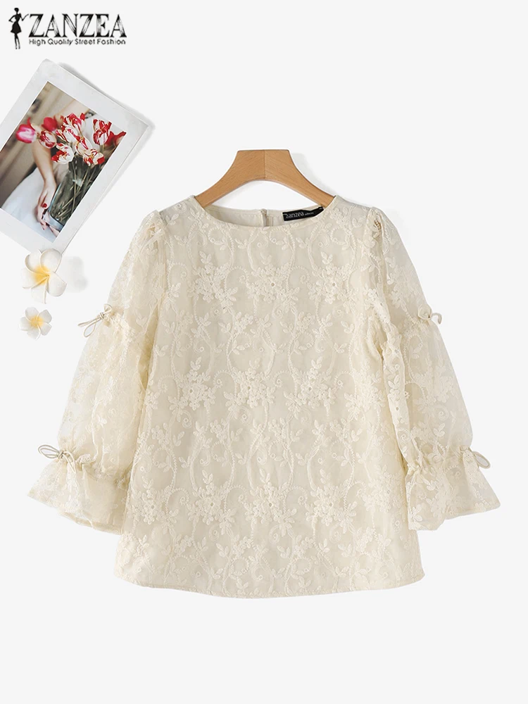 ZANZEA Vrouwen Kant Borduren Blouse Vintage Bladerdeeg 3/4 Mouw Tops Koreaanse Mode Hollow See Through Tuniek Vakantie Sweety Blusas