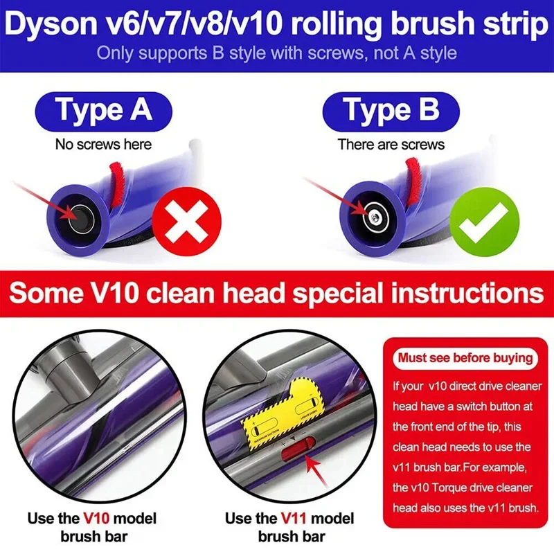 For DYSON V6 V8 V10 V11 Vacuum Cleaner Replacement Roller Brush Cleaner Head Brush Bar Roller Electric Ground Brush