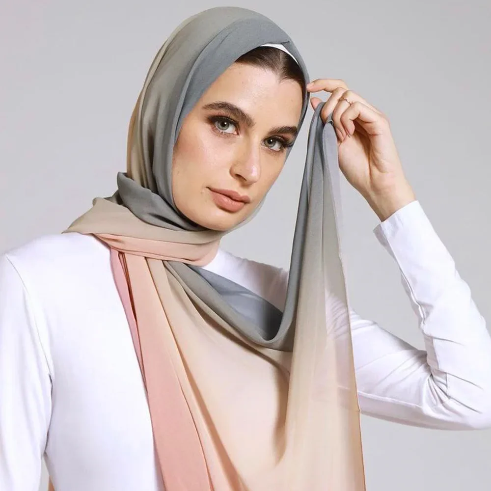 180*70cm New Gradient Color Chiffon Hijab Long Shawl Turbans for Women Muslim Fashion Casual Headscarf Thin Sunscreen Scarf