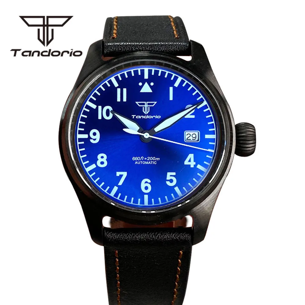 Tandorio PVD nero Pilot Aviator 39mm 20Bar Dive Men Orologio automatico NH35A Movimento Data Display Vetro zaffiro Grande corona a vite