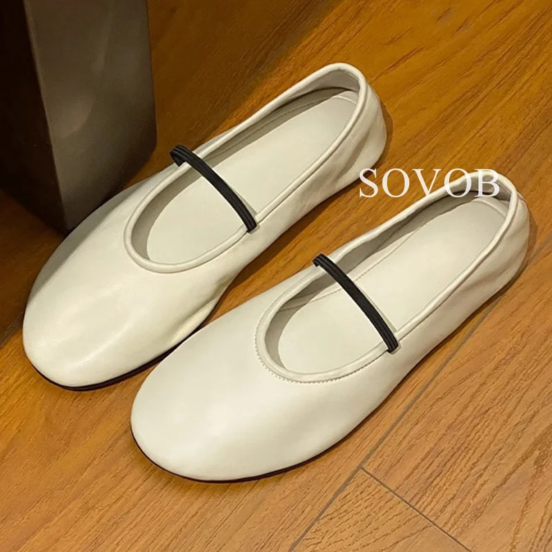 

Spring Summer Round Toe Flat Heel Ballet Shoes Women Retro Shallow Mouth Elastic Band Flat Shoes Versatile Soft Sole Loafers