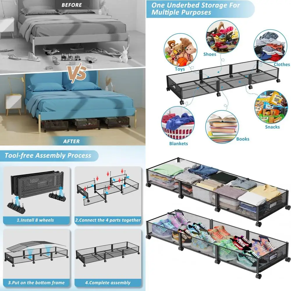 

Большой передвижной контейнер для хранения под кроватью, 47.2L x 57.6L, металлические контейнеры на колесах, простая сборка, для одежды, обуви и игрушек