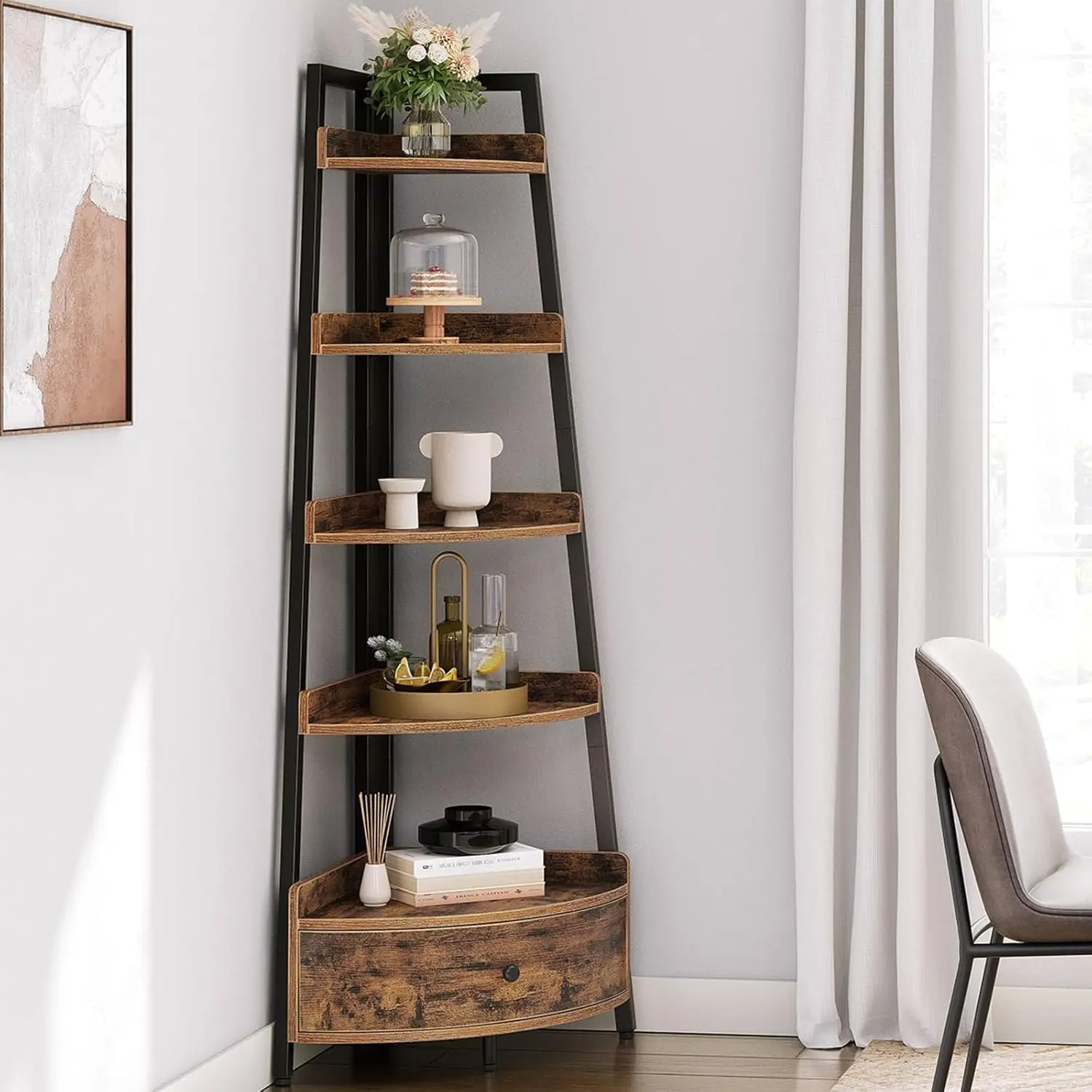 Shelf with Drawer, 5-Tier Corner Bookshelf, Freestanding Corner Shelf Unit, Rustic Brown Bookcase,  Plant