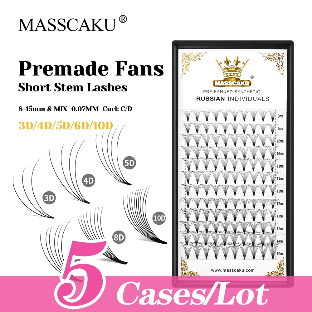 

MASSCAKU 12 Rows 5cases/lot 8-15mm and Mix Size 10D Thin Root Eyelash Matte Black Short Stem Premade Volume Fans Lashes Bundles