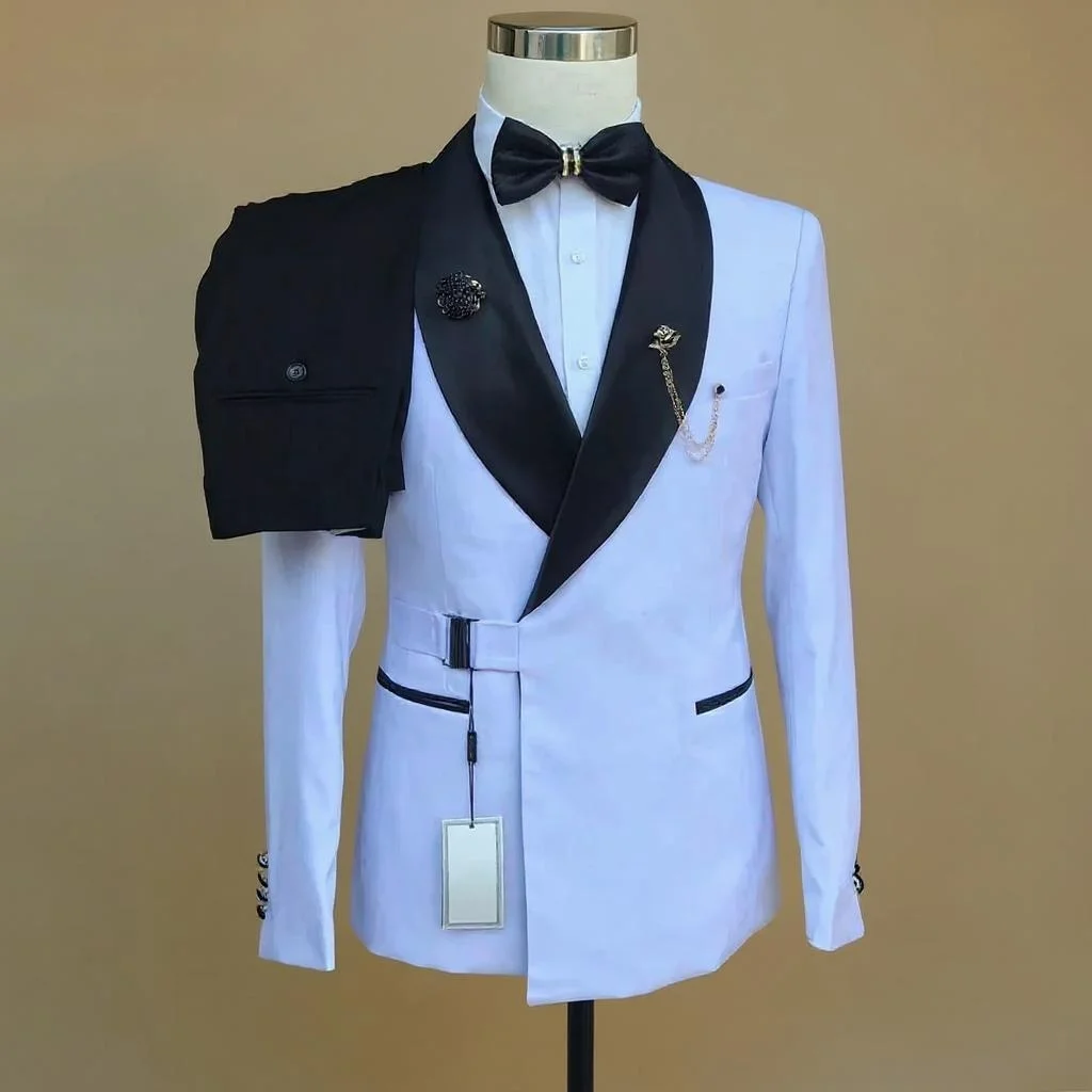 2 peças smoking de casamento fino ajuste ternos masculinos jaqueta branca com calças pretas define formal roupas do noivo terno masculino feito sob encomenda