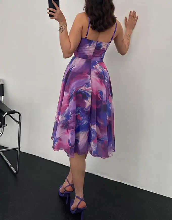 여성 섹시 드레스 데일리룩 여성 옴브레 프린트 스파게티 스트랩 카울넥 드레스 여성 캐주얼 A라인 시스루 메쉬 파티 드레스