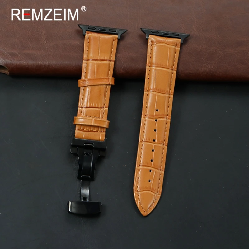 Business-Leder-Uhrenarmband für Apple Watch 1–11, Ultra SE 3, 2, 38/40/41/42/44/45/46/49 mm, schwarzer Schmetterlingsverschluss, Herren-Armband